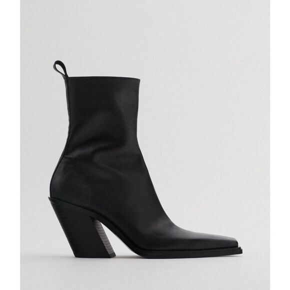 ZARA Leather Cowboy Ankle Boots Black Pointed Toe Block Heel EU 39 US 8 - Picture 1 of 12